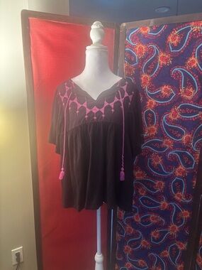 Knox Rose Black Top with Pink Embroidered Yoke and Tassels